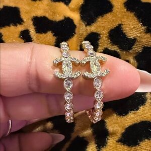 Crystal-Embellished Double C Hoop Earrings - Gold Tone, clear Stones